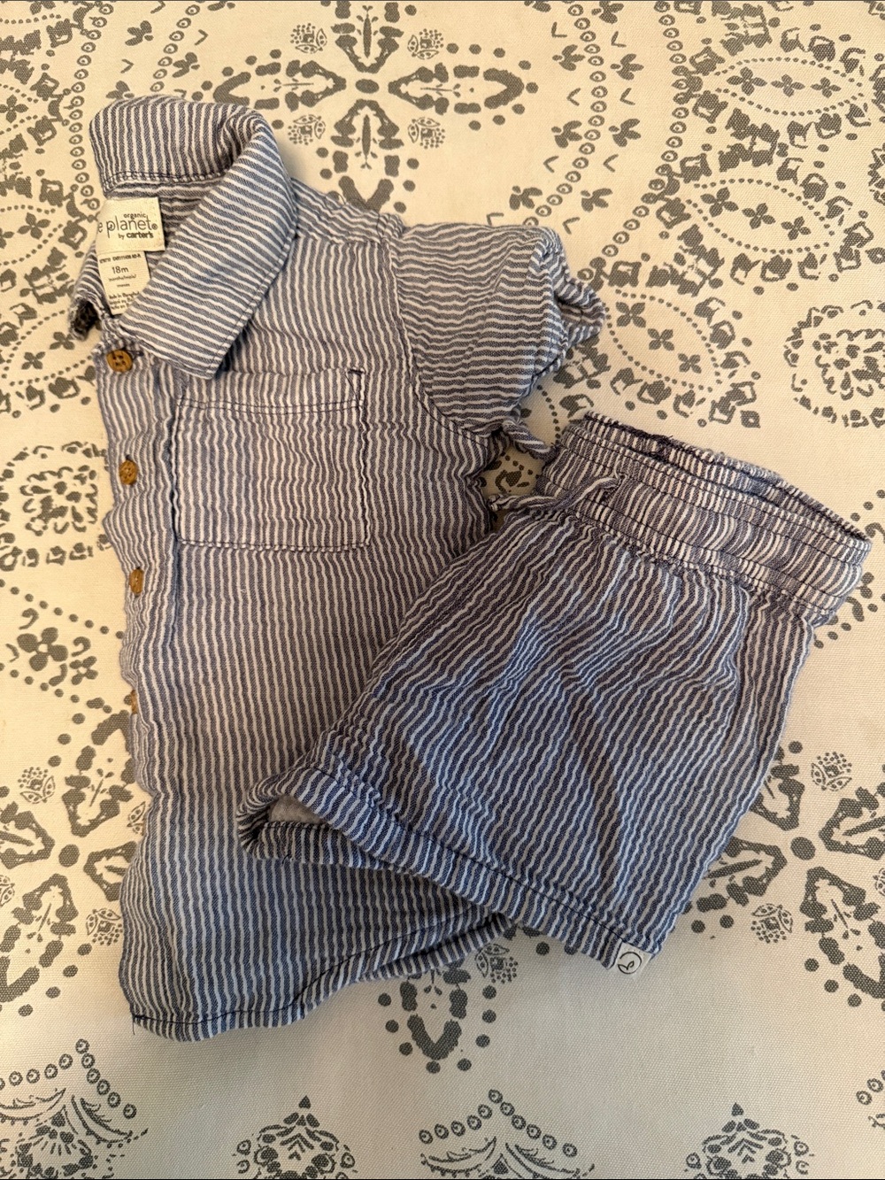 Blue + White Striped Cotton Button-Up Shirt & Shorts Set
